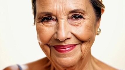 Wall Mural - A woman with a red lipstick and earrings. She is smiling. Concept of happiness and positivity