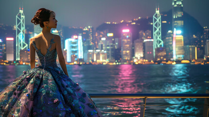 Model in an exquisite evening gown with a glamorous