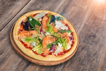 Wall Mural - Delicious fresh hot pizza on wooden table