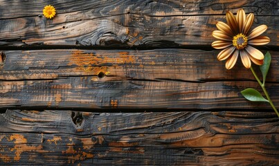 An aged wooden wide plank, dark browns, a small golden flower in the upper right corner