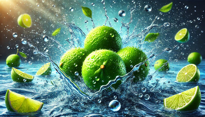 limes with vibrant water droplet background