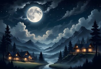 A mystical landscape with a full moon in the night sky, surrounded by swirling clouds and mountains in the background. In the foreground, there are silhouettes of trees and houses against the starry s