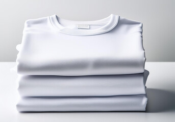 A stack of clean, neatly folded white t-shirts viewed from the front on a white background. white clothes the pristine and soft appearance of the t-shirts, perfect for laundry, fashion, and clean 