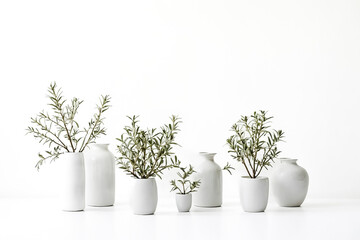 Wall Mural - Minimalist Green Plants in White Vases on White Background