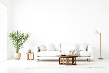 Sticker - Minimalist Living Room with White Sofa and Wooden Coffee Table