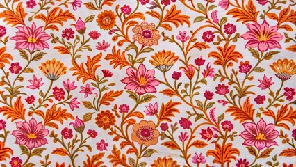 Wall Mural - Intricate floral motif block printed in orange and pink on white cotton fabric