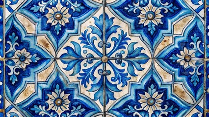 Poster - Seamless Algerian pattern. Square vintage tile. Blue and white watercolor ornament painted with paint on paper. Handmade. Print for textiles. Seth grunge texture