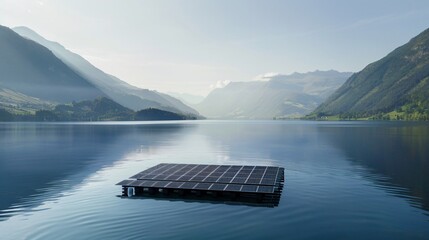 Wall Mural - floating solar panels on a lake calm water surface mountain backdrop