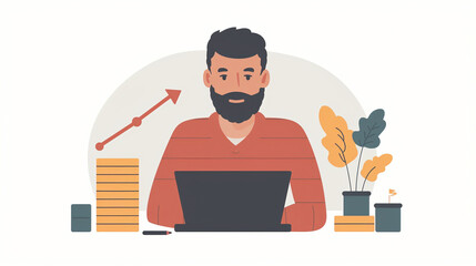 Wall Mural - illustration male person with laptop and beard