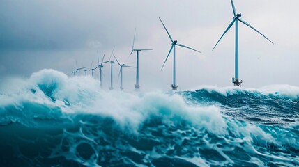 offshore wind farm wind turbines in the ocean waves crashing below