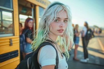 Canvas Print - Young Woman With Blue Hair Looks Back While Boarding A Bus