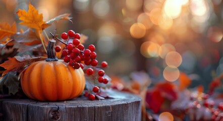 Poster - Pumpkin and Berries on Tree Stump in Autumn