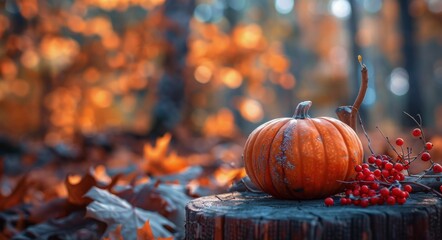 Poster - Pumpkin and Berries on Tree Stump in Autumn