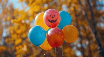 Wall Mural - Colorful Balloons Against Autumn Sky