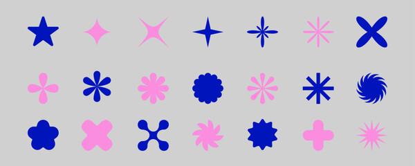 Primitive geometric forms in trendy style. Abstract stars and flowers shapes collection. Brutalist design elements pack for posters, banners,