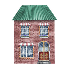 An old European house, a fabulous, cute, red two-storey house in vintage style. The watercolor illustration is made by hand. Isolate it. For prints, children's games, postcard, packaging, scrapbooking