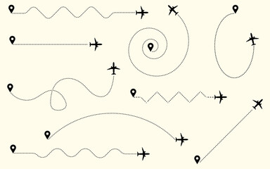 Wall Mural - aeroplane flight path from location to destination route silhouette vector illustration clipart grap