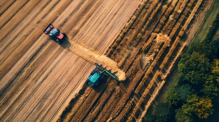 Wall Mural - Aerial view of harvester and tractor in the field