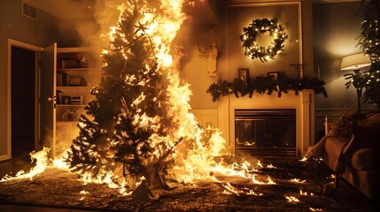 dramatic image of burning christmas tree