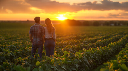 The golden hour light casts long shadows across the field, creating a serene and picturesque scene of rural agriculture