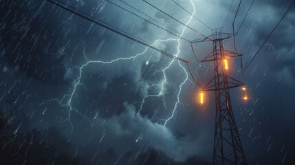 Powerful electricity runs through a tall electric line, as a stunning bolt of lightning strikes it.