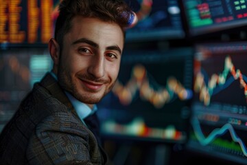 Wall Mural - Happy, investor and portrait of man in studio, dark background and business in stock market. Corporate, professional and businessman trading in crypto or thinking of profit - generative ai