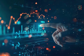 Wall Mural - Close up of hand pointing at glowing business chart on dark blue background. Stock, market and trade concept. Double exposure - generative ai