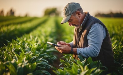 A modern farmer in a corn field using a digital tablet to review harvest and crop performance, ESG concept and application of technology in contemporary agriculture practices