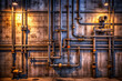 © Creative Catalog - Industrial pipes on a concrete wall with dramatic lighting.