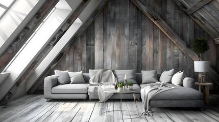 Wall Mural - Grey attic living room interior with sofa