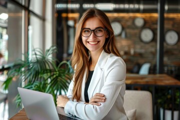 Wall Mural - Young happy successful business woman working with laptop in corporate office - generative ai