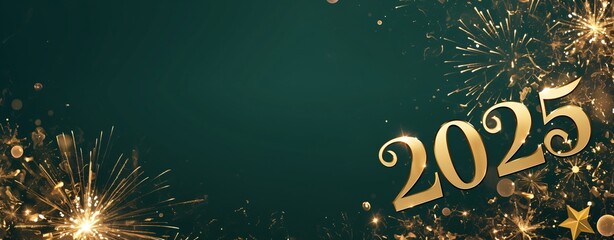 Wall Mural - Golden fireworks and number 2025 on green background with lights and sparkles. Christmas and New Year concept. Celebrating winter holiday. Template for banner, greeting card, poster with copy space