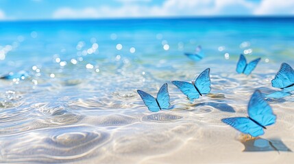 Poster - The beach is covered with blue butterflies