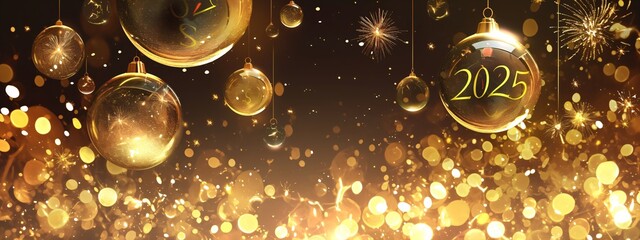 Wall Mural - Number 2025 and gold balls on christmas tree on black background with golden lights. Christmas and New Year. Celebrating winter holiday. Template for banner, greeting card, poster with copy space