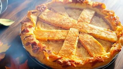 Wall Mural - Homemade hot pumpkin and apple pie with a crust top is sitting on a table with autumn leaves