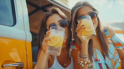 Two attractive cheerful women drinking lemonade