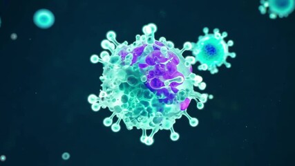 Poster - A close-up of a coronavirus particle. It is a 3D rendering, and the virus is shown in blue-green and purple colors.