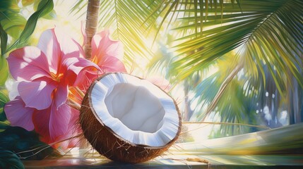 Sticker - A coconut with an exotic flower