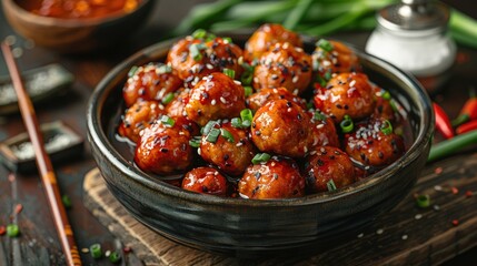 Wall Mural - An ultra-realistic photograph of meatballs in a bowl with sauce and chopsticks on the side.