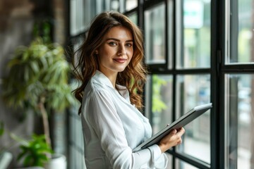 Wall Mural - Beautiful Middle Eastern Manager Sitting at a Desk in Creative Office. Young Stylish Female with Curly Hair Using Laptop Computer in Marketing Agency. Colleagues Working Background - generative ai