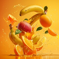 Canvas Print - Vibrant and colorful fruits splashing in dynamic motion. A mix of bananas, oranges, and mango creates a refreshing scene. Ideal for healthy food concepts and summer themes. AI