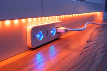 Poster - Smart plug with glowing blue light, showcasing modern home technology and connectivity, ideal for home automation and energy-efficient control, blending convenience with stylish design