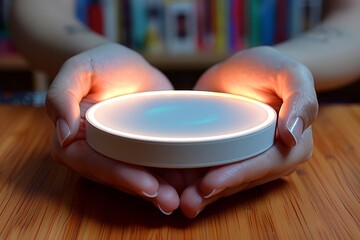 Leinwandbilder - Hands holding a glowing smart device, symbolizing modern technology and connectivity, perfect for home automation and smart home integration, blending convenience with sleek design