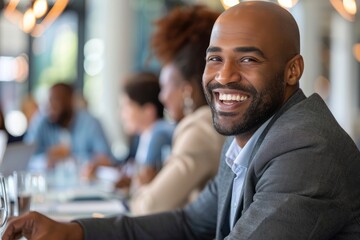 Poster - Happy business man listening to a discussion in an office boardroom. Business professional sitting in a meeting with his colleagues - generative ai