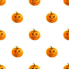 Halloween pumpkins seamless pattern decor, watercolor Jack O Lantern. Festive holiday print on white background for scrapbooking, invitation, wrapping paper, holiday party, textile, wallpaper