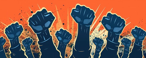 Wall Mural - Illustration of fists raised for justice, orange background.