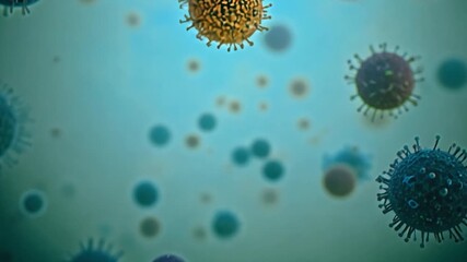 Fototapete - Several viruses with purple and blue hues are floating in a teal background.