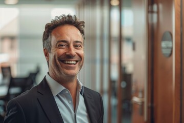 Canvas Print - Successful business man smiling as he stands outside a meeting room in a professional workplace. Caucasian male executive looking away in reflection of his business accomplishments - generative ai