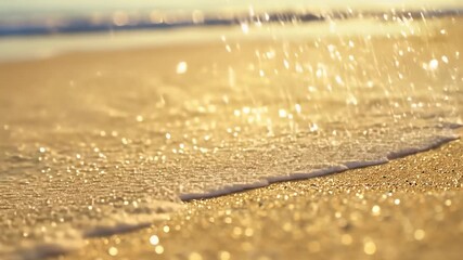 Wall Mural - Golden sand sparkles as the sun sets, creating a beautiful, natural glimmering effect. The waves gently lap at the shore, leaving a trail of shimmering water on the beach