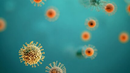 Leinwandbilder - A microscopic view of virus particles, some with spiky surfaces, floating in a blue fluid.